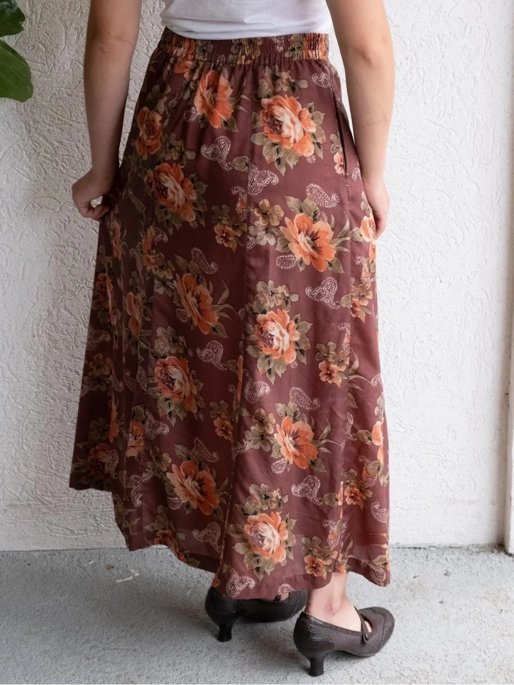 Floral Button-Front Maxi Skirt in Brown and Orange